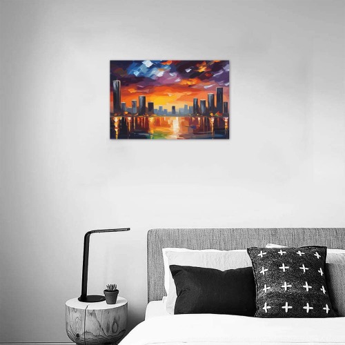 Fantasy megapolis by the sea. Dramatic sunset art. Upgraded Canvas Print 18"x12"