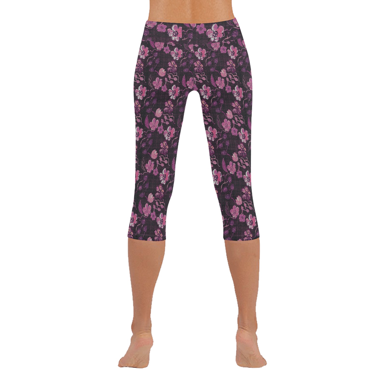 Pink-Purple Floral Vintage Women's Low Rise Capri Leggings (Invisible Stitch) (Model L08)