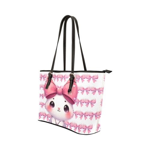 Pink bow bunny tote bag Leather Tote Bag/Small (Model 1651)