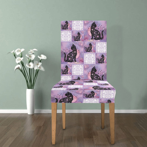 Purple Cosmic Cats Patchwork Pattern Removable Dining Chair Cover