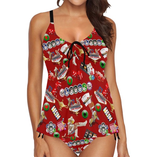 Las Vegas Gamblers Delight - Red Chest Drawstring Swim Dress (Model S30)