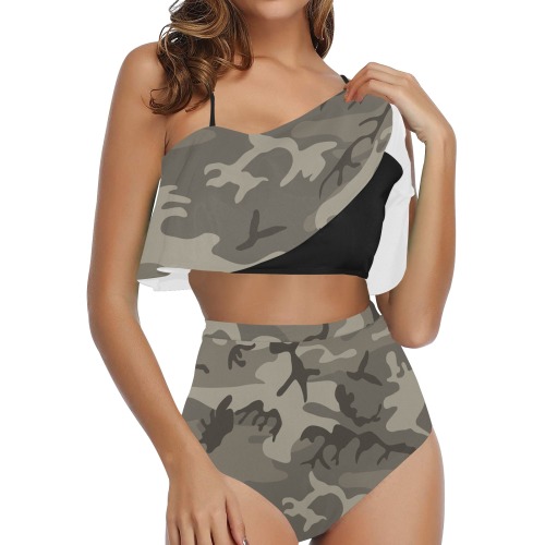 Camo Grey High Waisted Ruffle Bikini Set (Model S13)