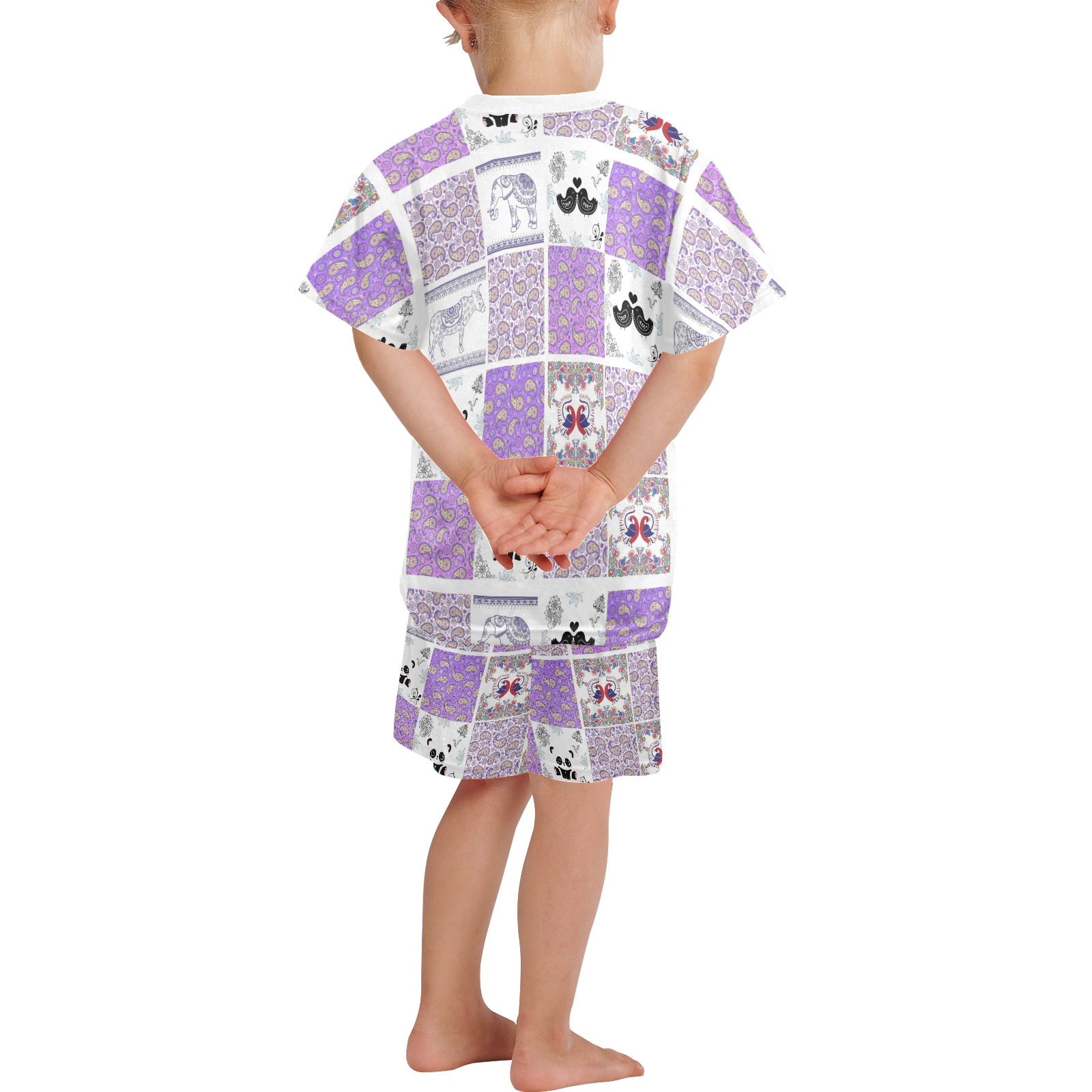 Purple Paisley Birds and Animals Patchwork Design Little Girls' Short Pajama Set