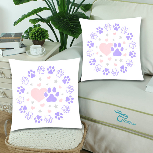 Pink and Purple Dog Cat Pet Lovers Hearts and Stars Paw Print Design Custom Zippered Pillow Cases 18"x 18" (Twin Sides) (Set of 2)