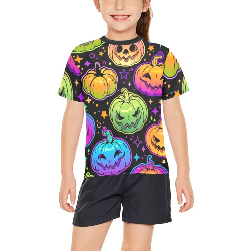 Funny Colorful Pumpkins Big Girls' All Over Print Crew Neck T-Shirt (Model T40-2)