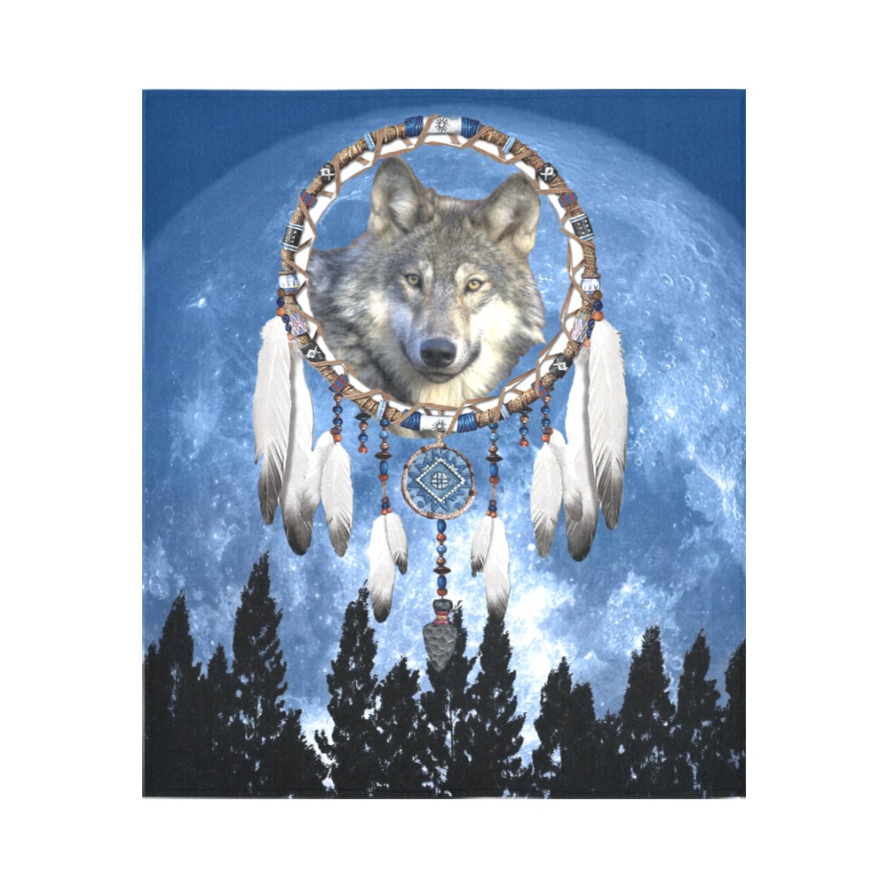Wolf, Dream Catcher and Moon Cotton Linen Wall Tapestry 51"x 60"