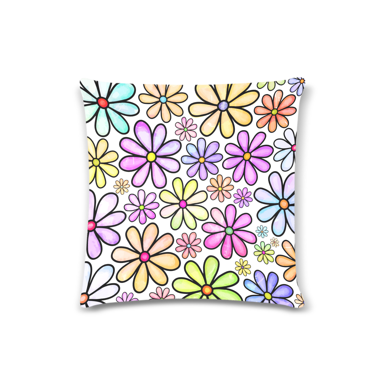 Watercolor Rainbow Doodle Daisy Flower Pattern Custom Zippered Pillow Case 16"x16" (one side)