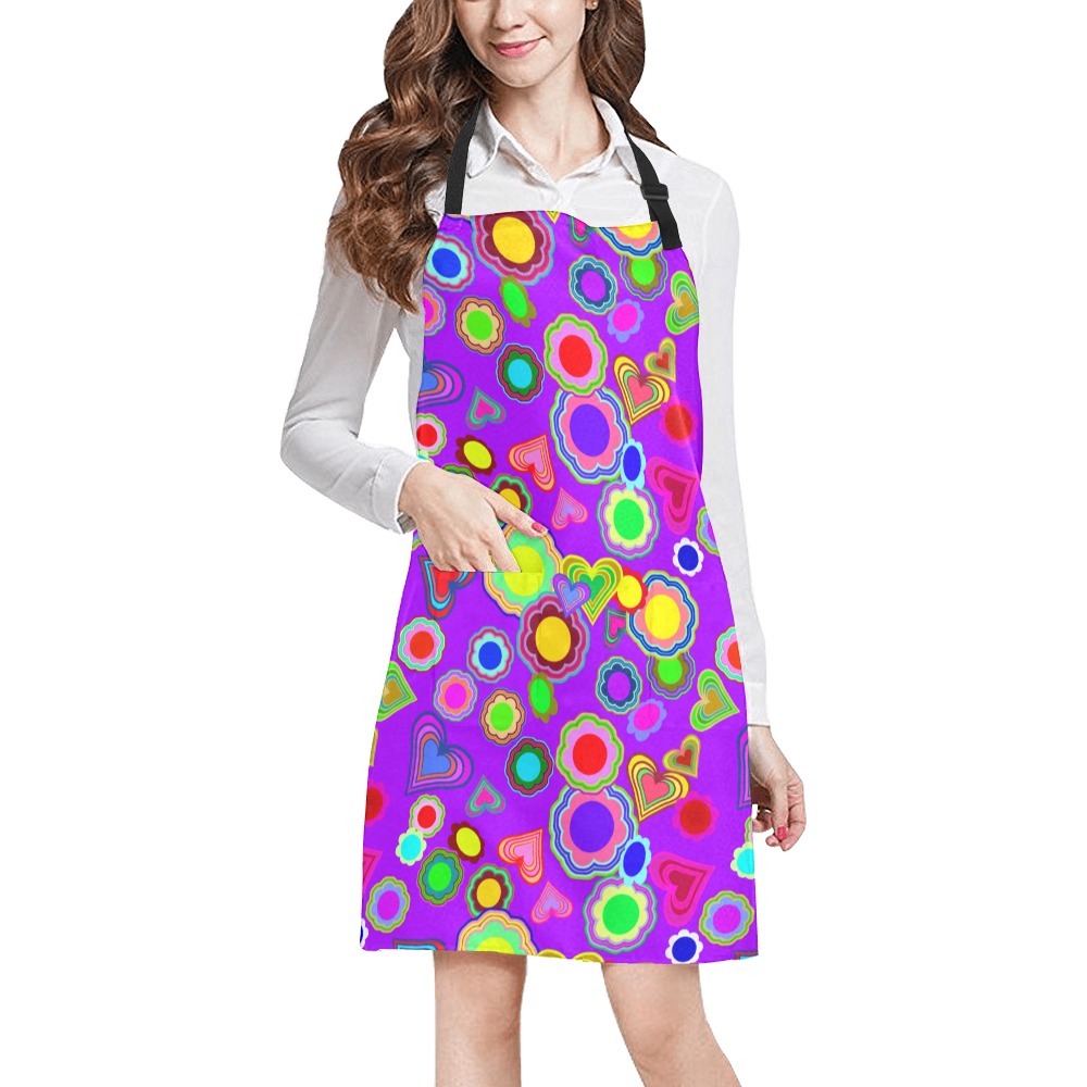 Groovy Hearts and Flowers Purple All Over Print Apron