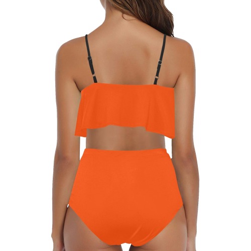 color orange red High Waisted Ruffle Bikini Set (Model S13)
