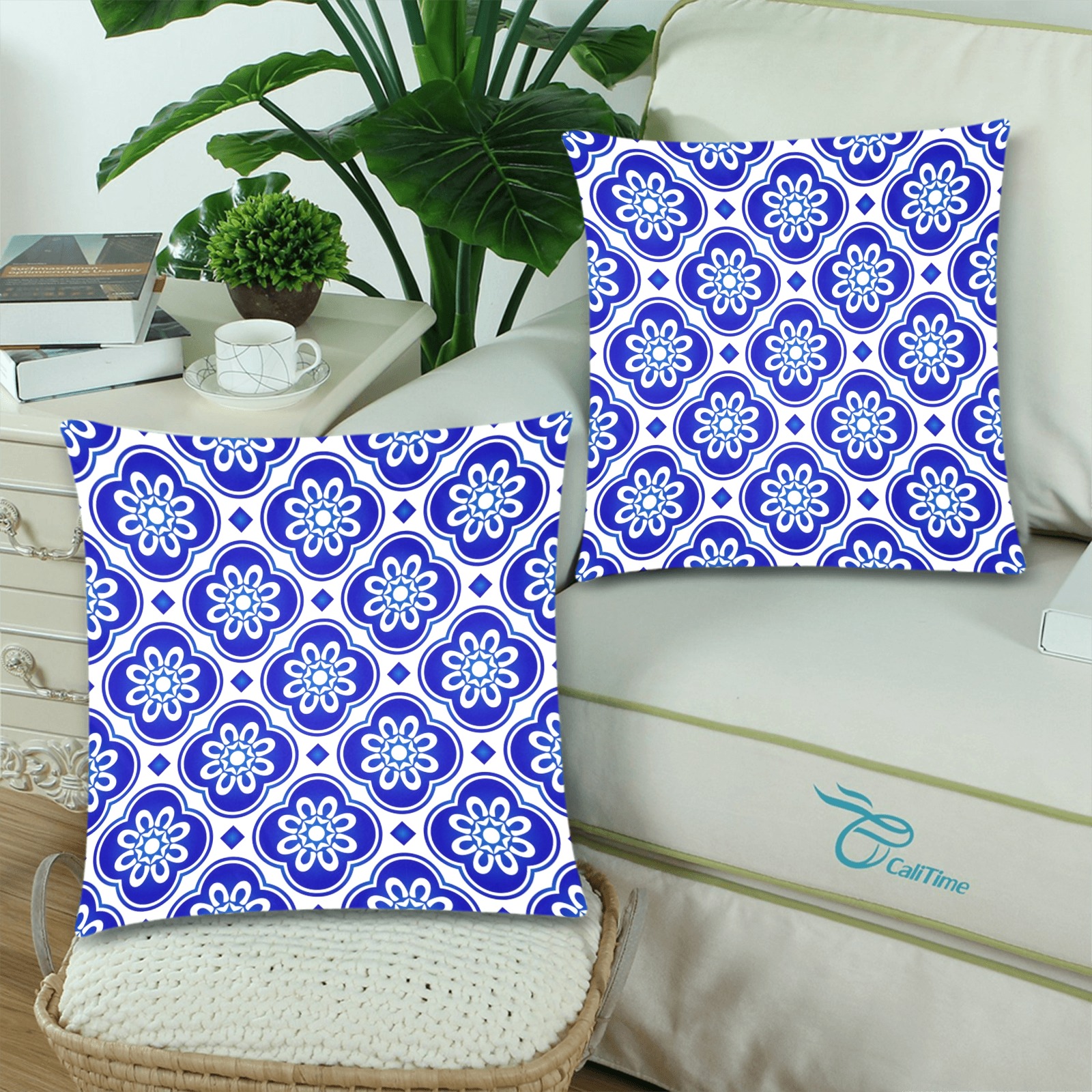 Decorative Blue and White Floral Abstract Custom Zippered Pillow Cases 18"x 18" (Twin Sides) (Set of 2)