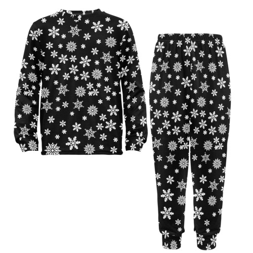 Christmas White Snowflakes on Black Little Boys' Crew Neck Long Pajama Set