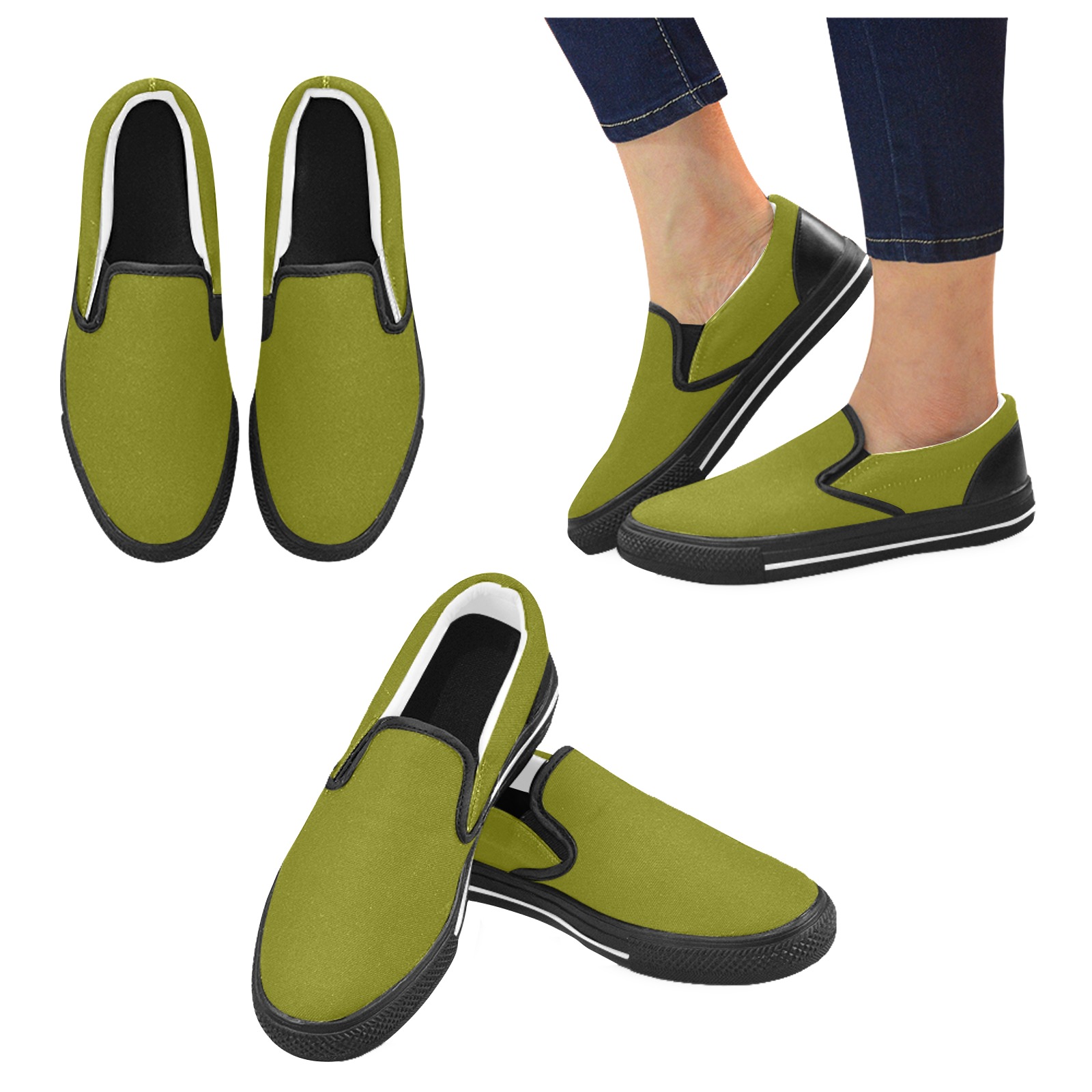 color olive Men's Slip-on Canvas Shoes (Model 019)