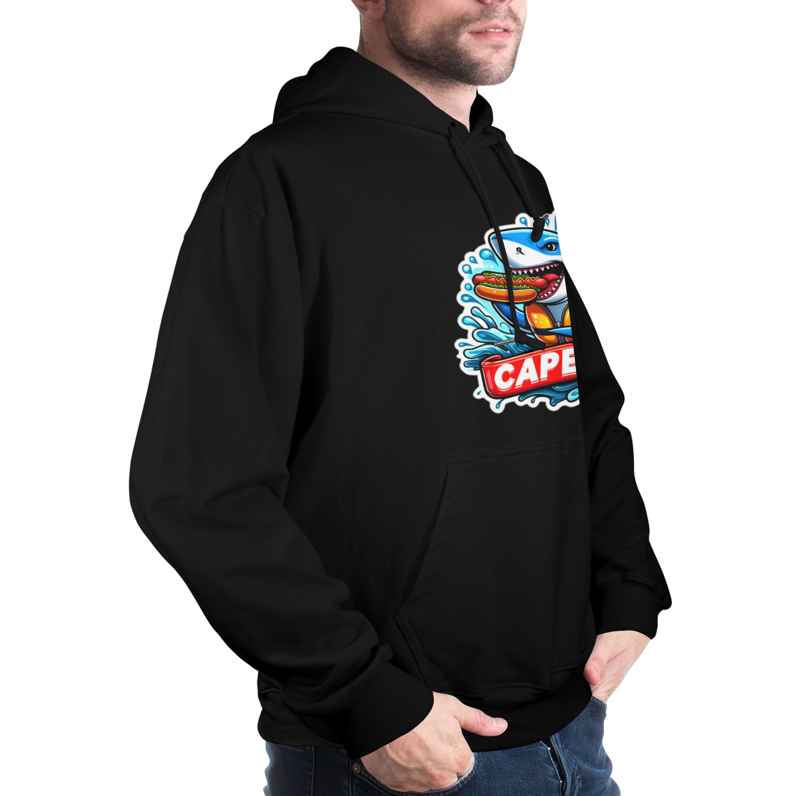 CAPE COD-GREAT WHITE EATING HOT DOG 3 Men's Glow in the Dark Hoodie (Front Printing)