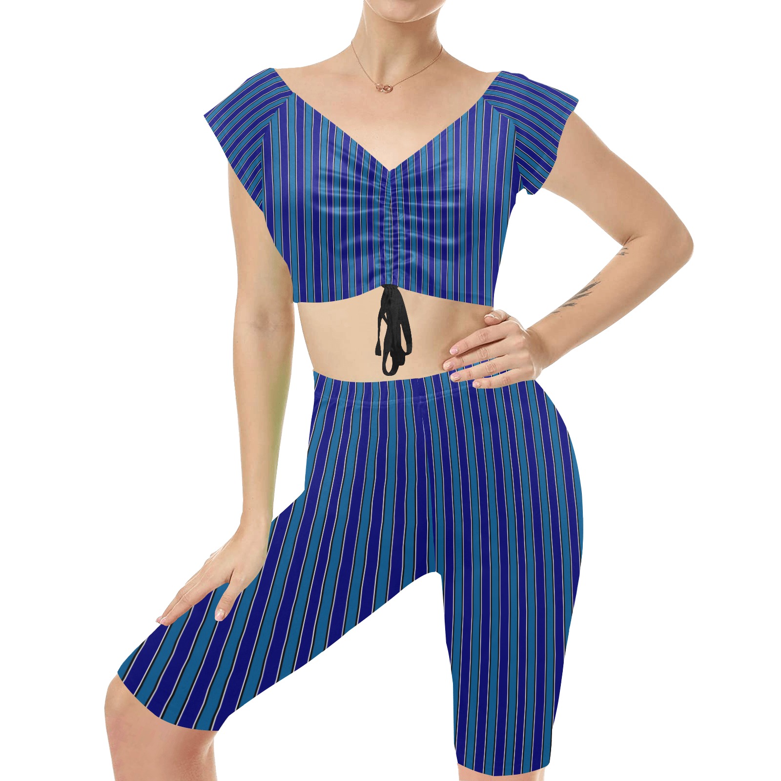 Classic Blue Stripes Women's Crop Top Yoga Set