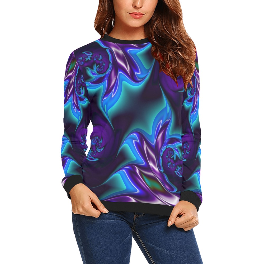 Aqua Blue and Purple Flowers Fractal Abstract All Over Print Crewneck Sweatshirt for Women (Model H18)