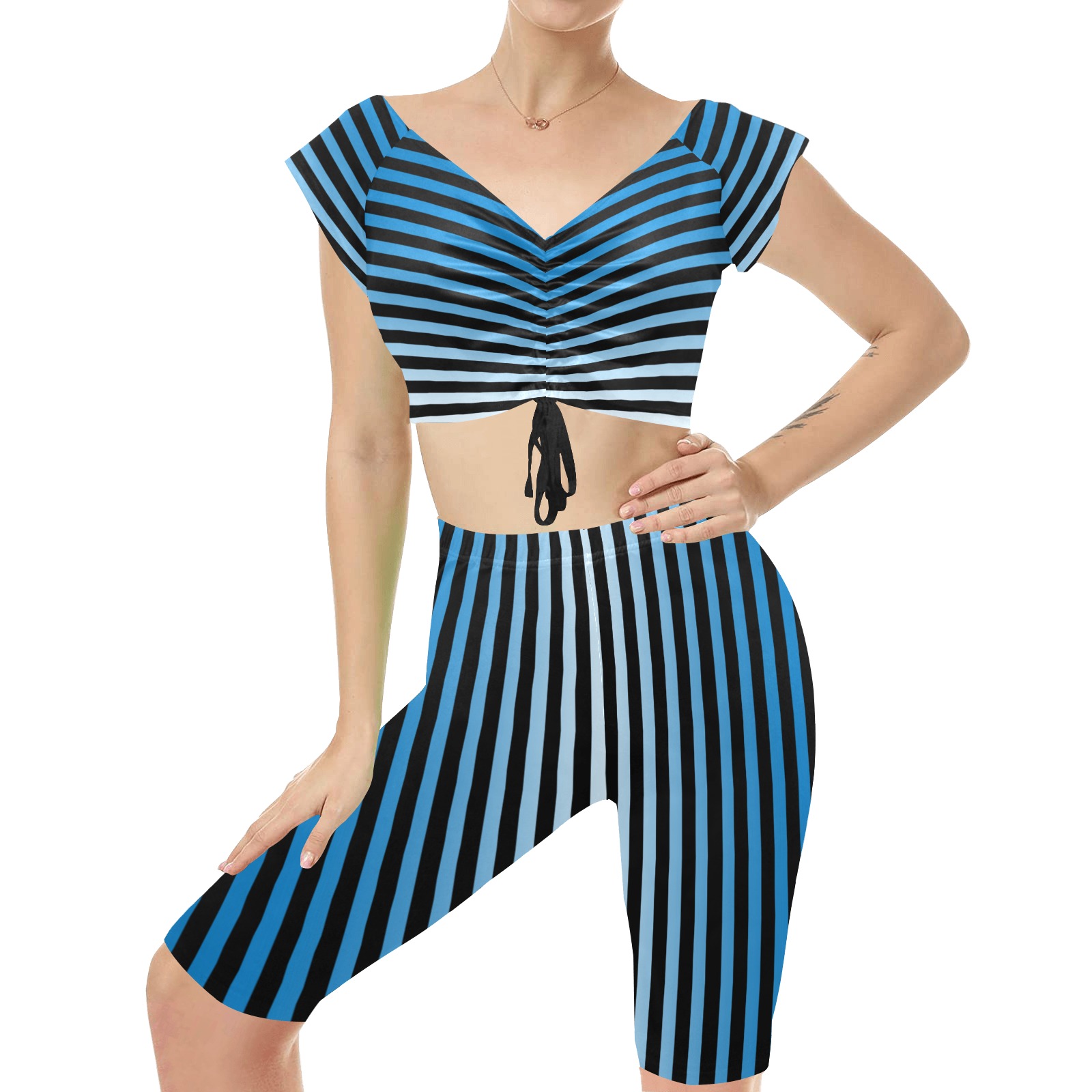 Stripes Fade Blue, Black Women's Crop Top Yoga Set