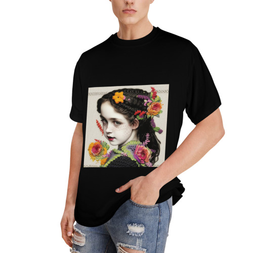 pretty girl with orange pink  knit flowers 4 Men's Glow in the Dark T-shirt (Front Printing)