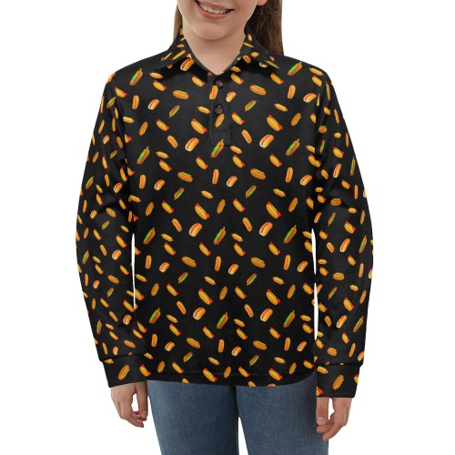 Hot Dog Pattern on Black Big Girls' All Over Print Long Sleeve Polo Shirt (Model T73)