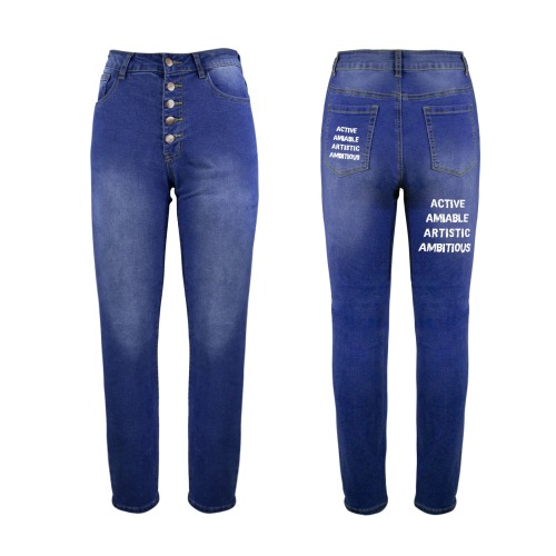 Active, amiable, artistic, ambitious white words. Women's Jeans (Back Printing)