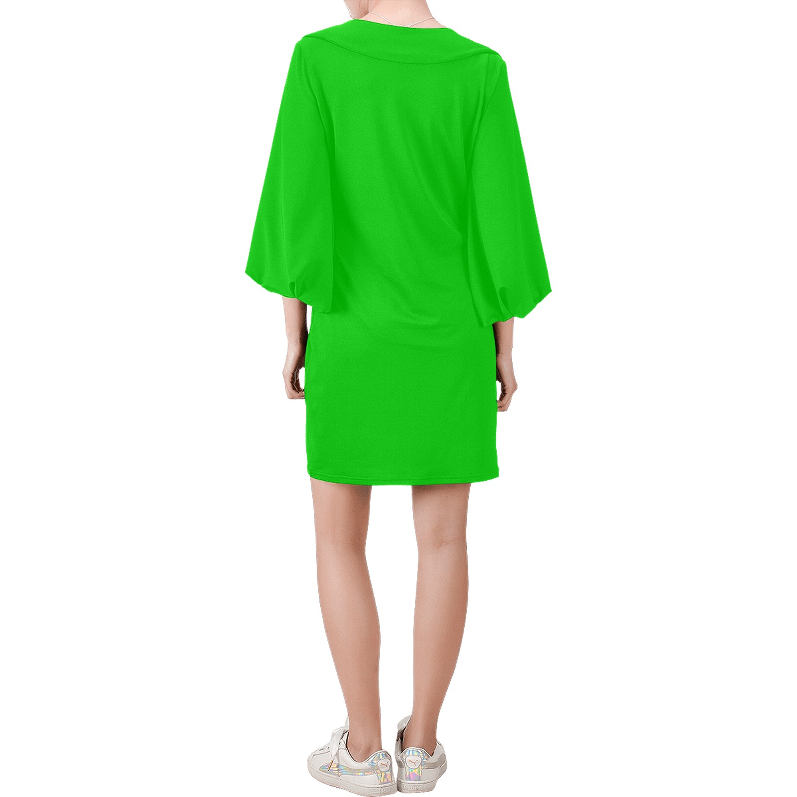 Merry Christmas Green Solid Color Bell Sleeve Dress (Model D52)