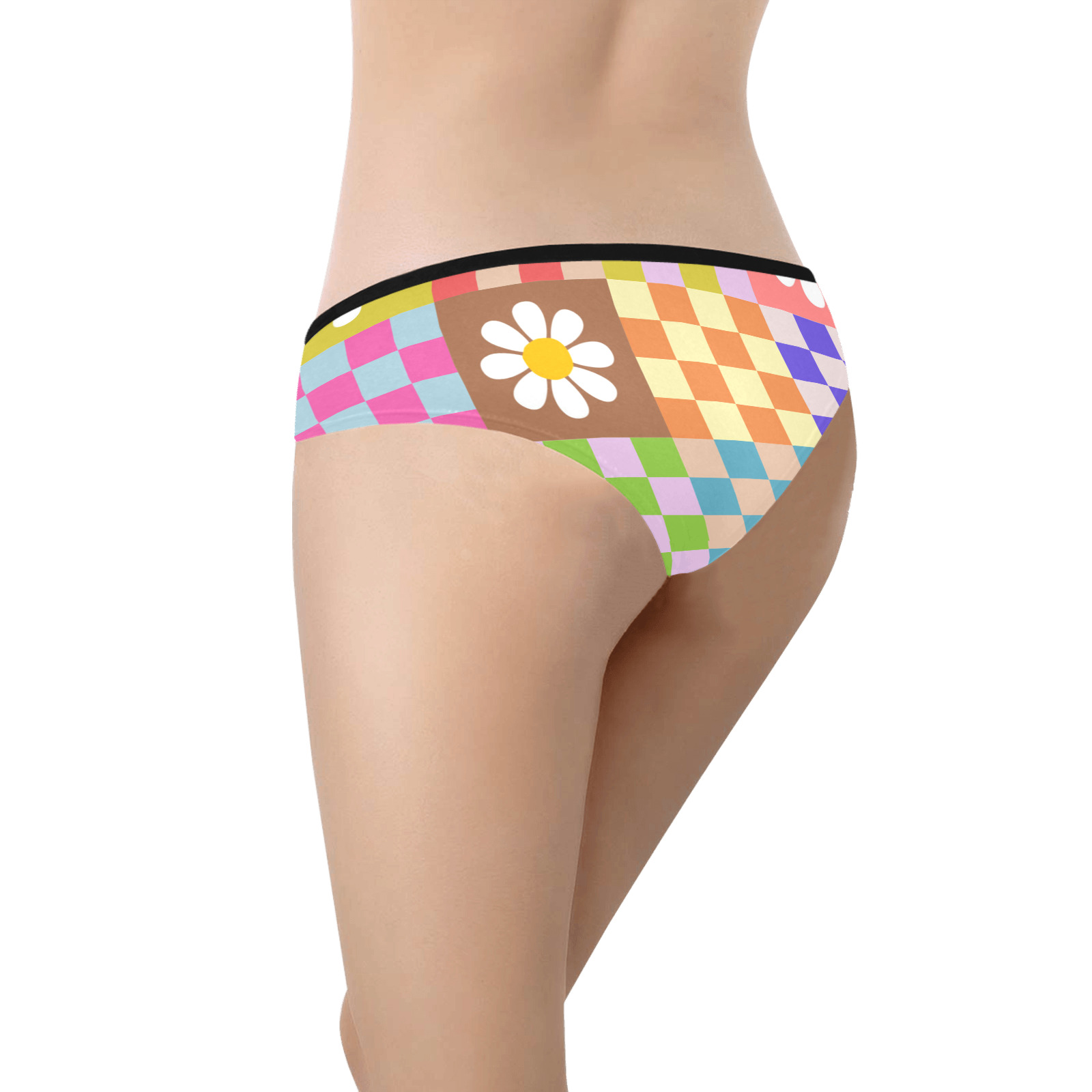 Mid Century Geometric Checkered Retro Floral Daisy Flower Pattern Women's Hipster Panties (Model L33)