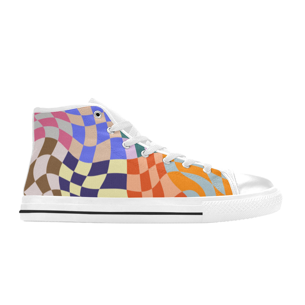 Wavy Groovy Geometric Checkered Retro Abstract Mosaic Pixels High Top Canvas Shoes for Kid (Model 017)