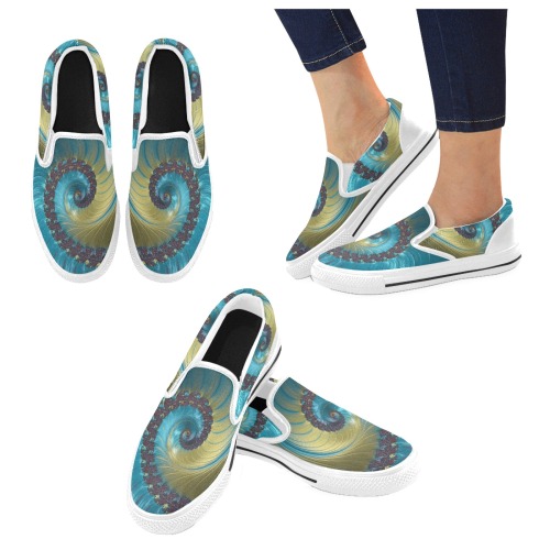 Turquoise and Gold Spiral Fractal Abstract Slip-on Canvas Shoes for Kid (Model 019)