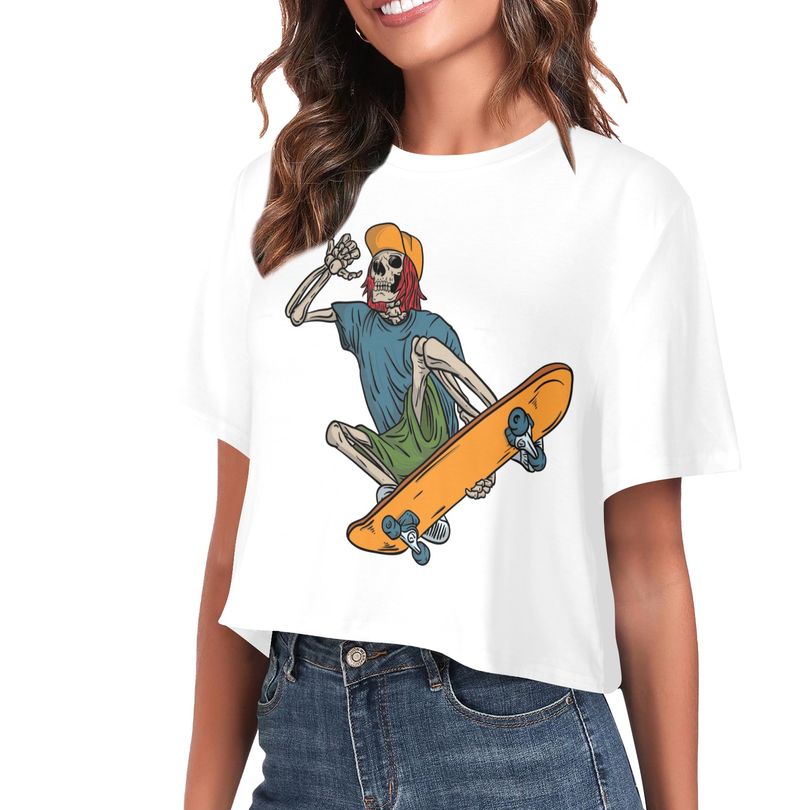 Funky skeleton skating design Women's Cropped T-shirt (Model T80)