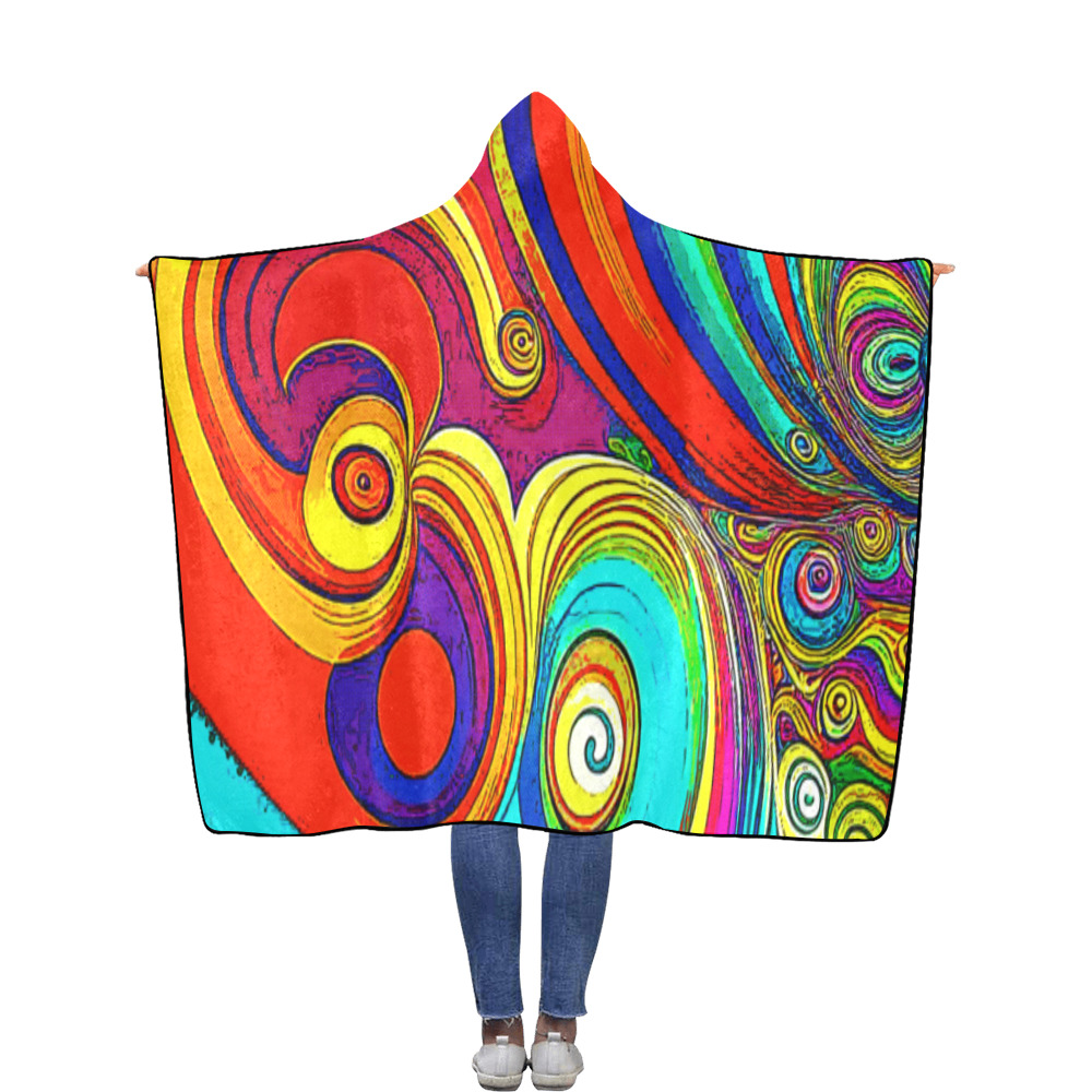 Colorful Groovy Rainbow Swirls Flannel Hooded Blanket 56''x80''