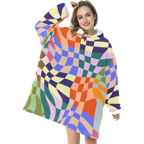 Wavy Groovy Geometric Checkered Retro Abstract Mosaic Pixels Blanket Hoodie for Women