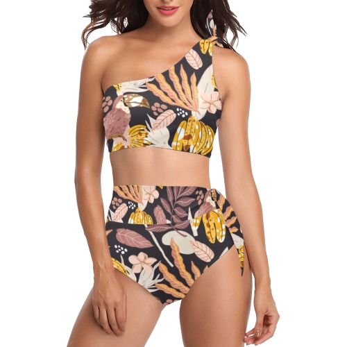 Dark jungle bananas and toucans_01 High Waisted One Shoulder Bikini Set (Model S16)