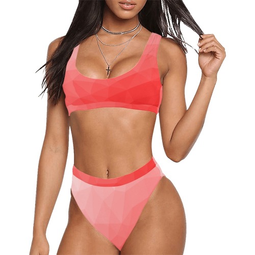 Red gradient geometric mesh pattern Sport Top & High-Waisted Bikini Swimsuit (Model S07)