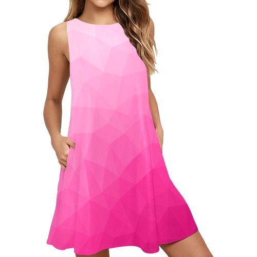 Hot pink gradient geometric mesh pattern Sleeveless A-Line Pocket Dress (Model D57)