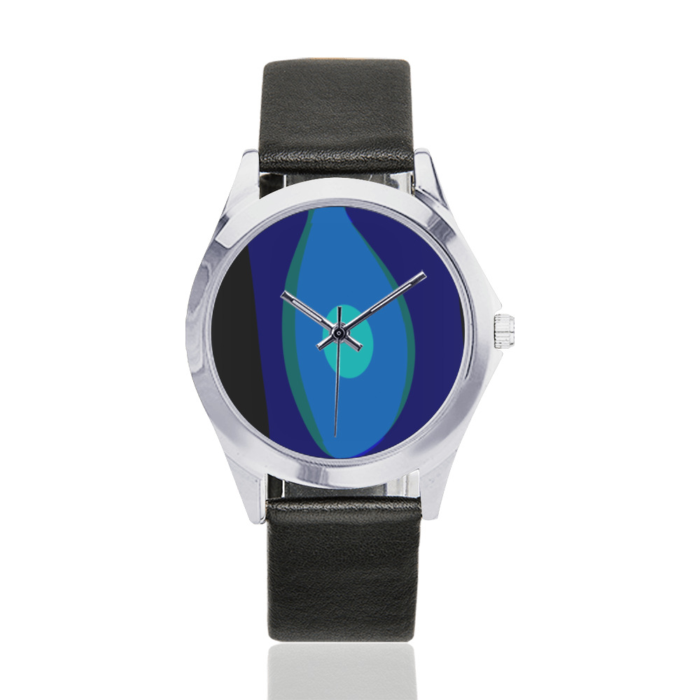Dimensional Blue Abstract 915 Unisex Silver-Tone Round Leather Watch (Model 216)