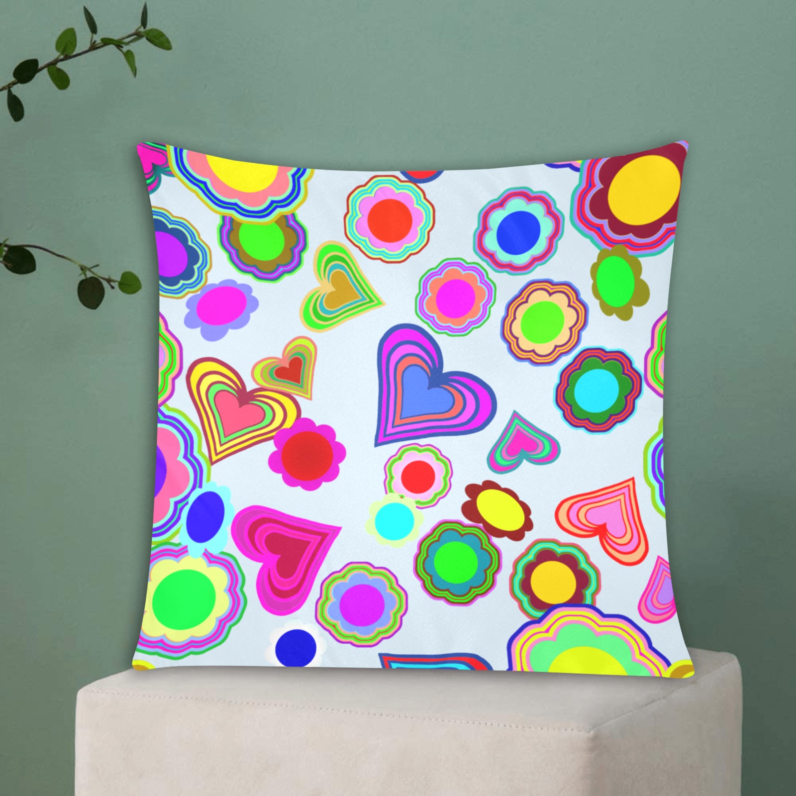 Groovy Hearts Flowers Pattern Blue Custom Zippered Pillow Cases 18"x18" (Two Sides)