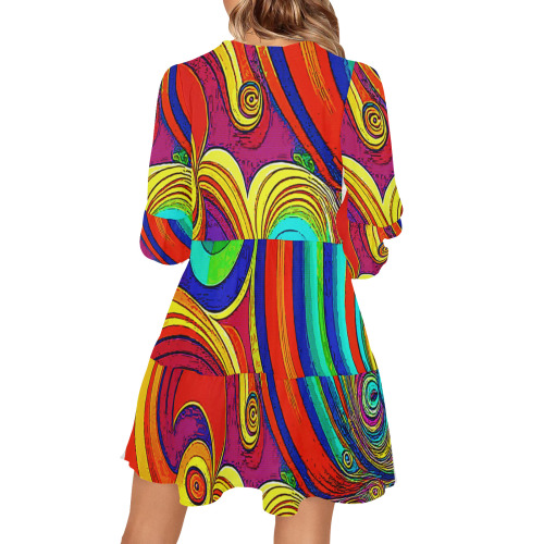 Colorful Groovy Rainbow Swirls V-Neck Loose Fit Dress (Model D62)