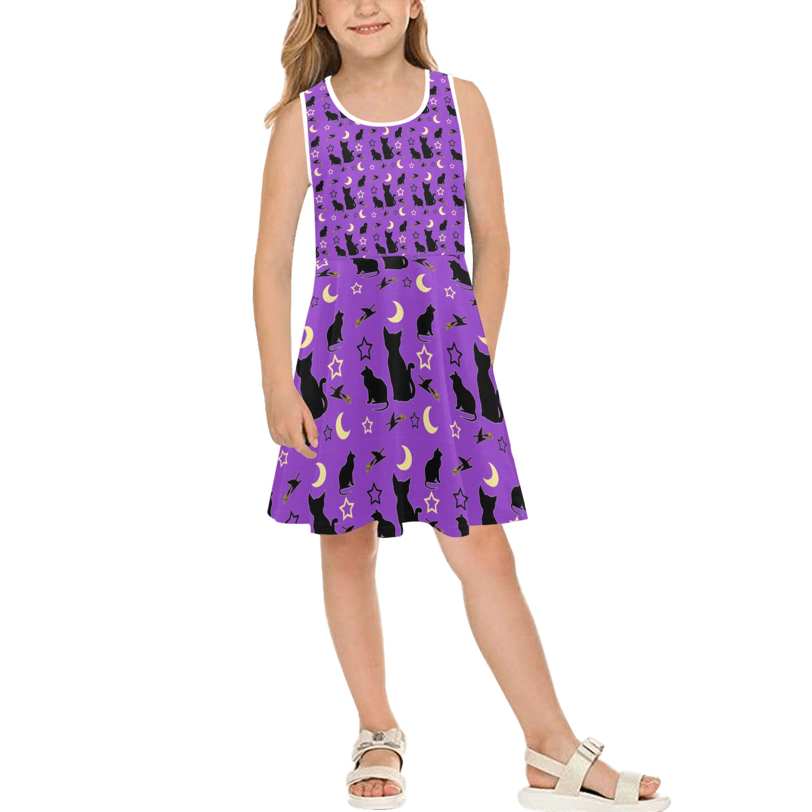 Cats and Witch Hats Girls' Sleeveless Sundress (Model D56)
