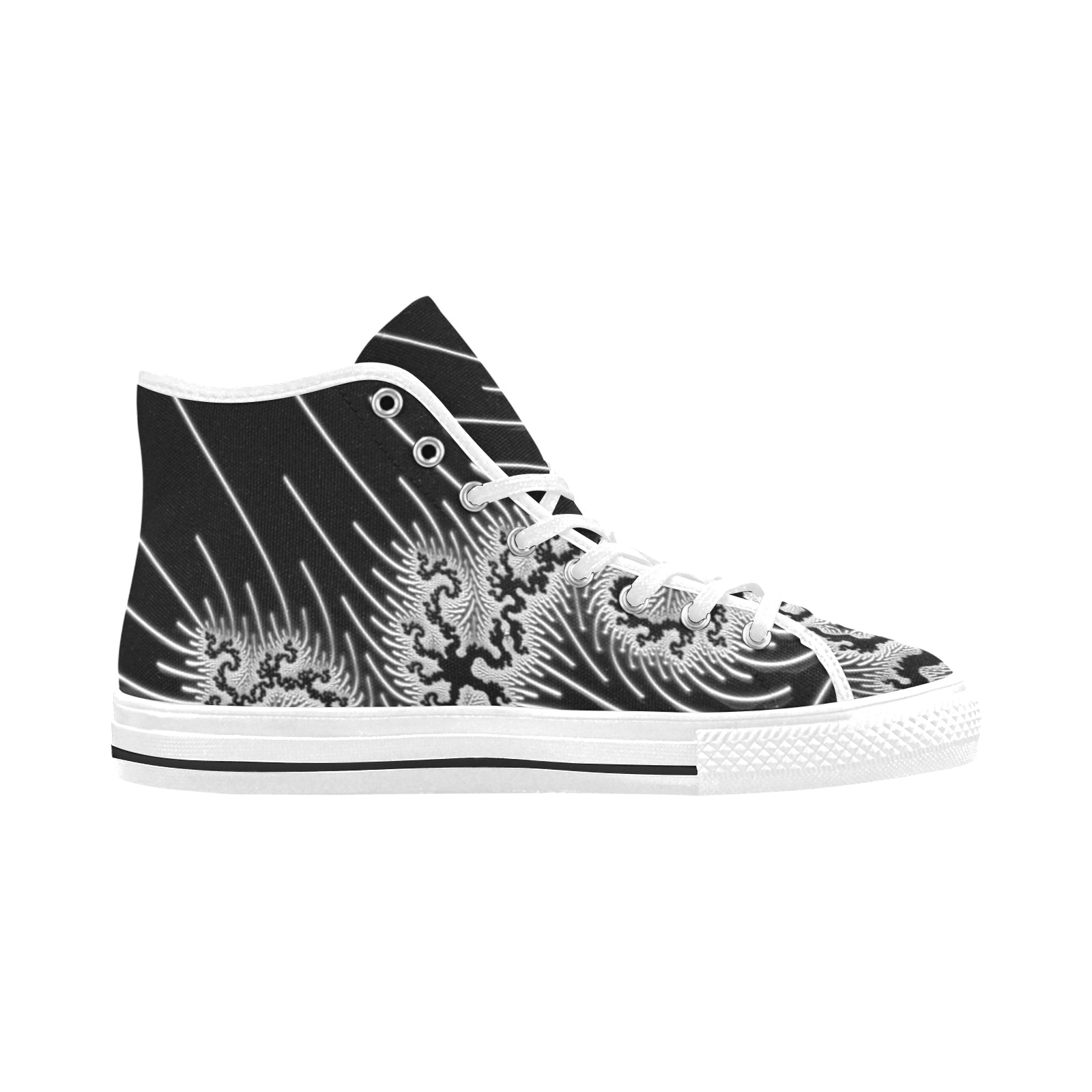 White and Silver Lace on Black Fractal Abstract Vancouver H Women's Canvas Shoes (1013-1)
