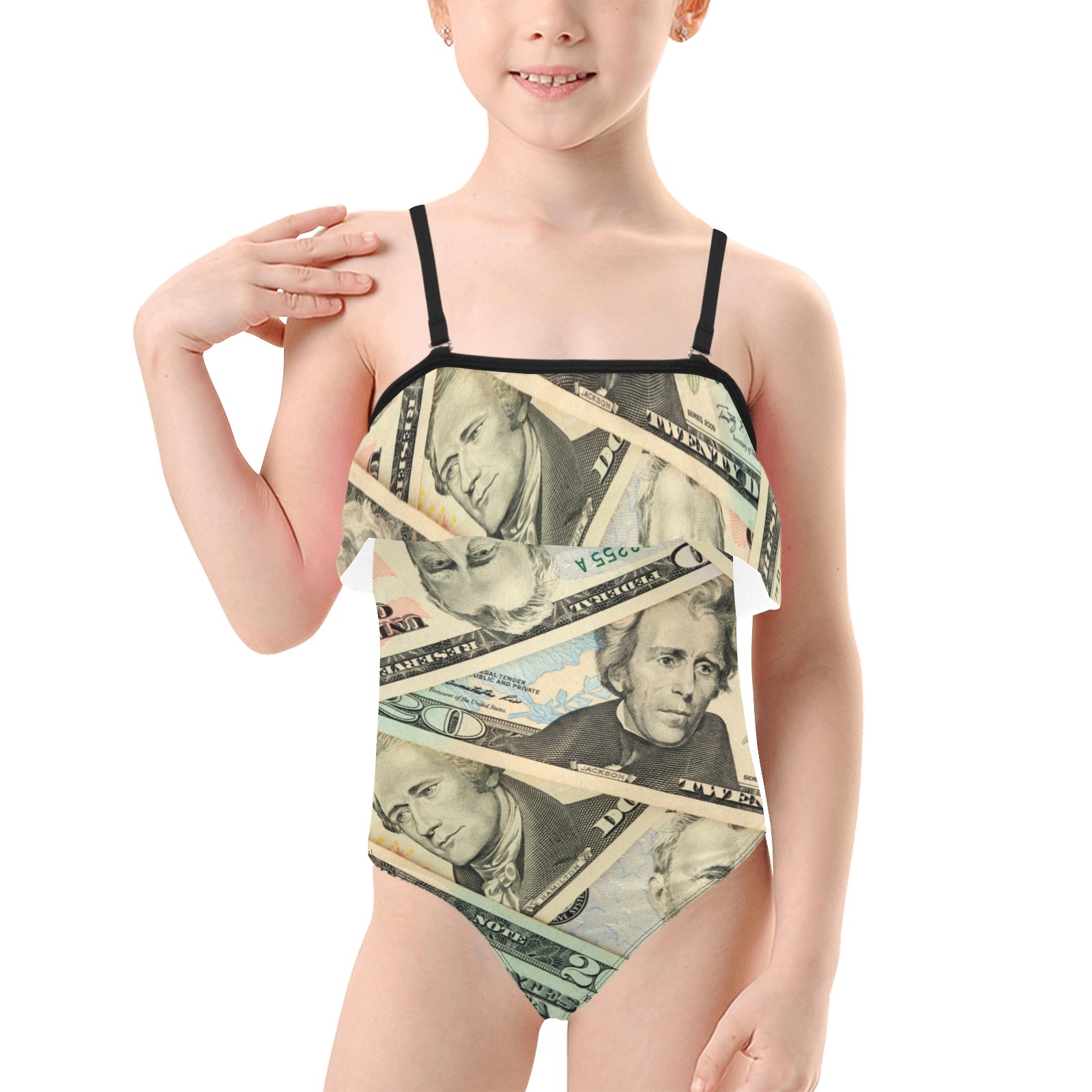 US PAPER CURRENCY Kids' Spaghetti Strap Ruffle Swimsuit (Model S26)