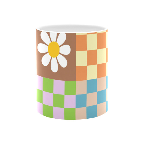 Mid Century Geometric Checkered Retro Floral Daisy Flower Pattern White Mug(11OZ)