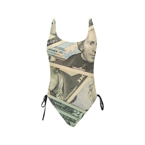 US PAPER CURRENCY Drawstring Side One-Piece Swimsuit (Model S14)