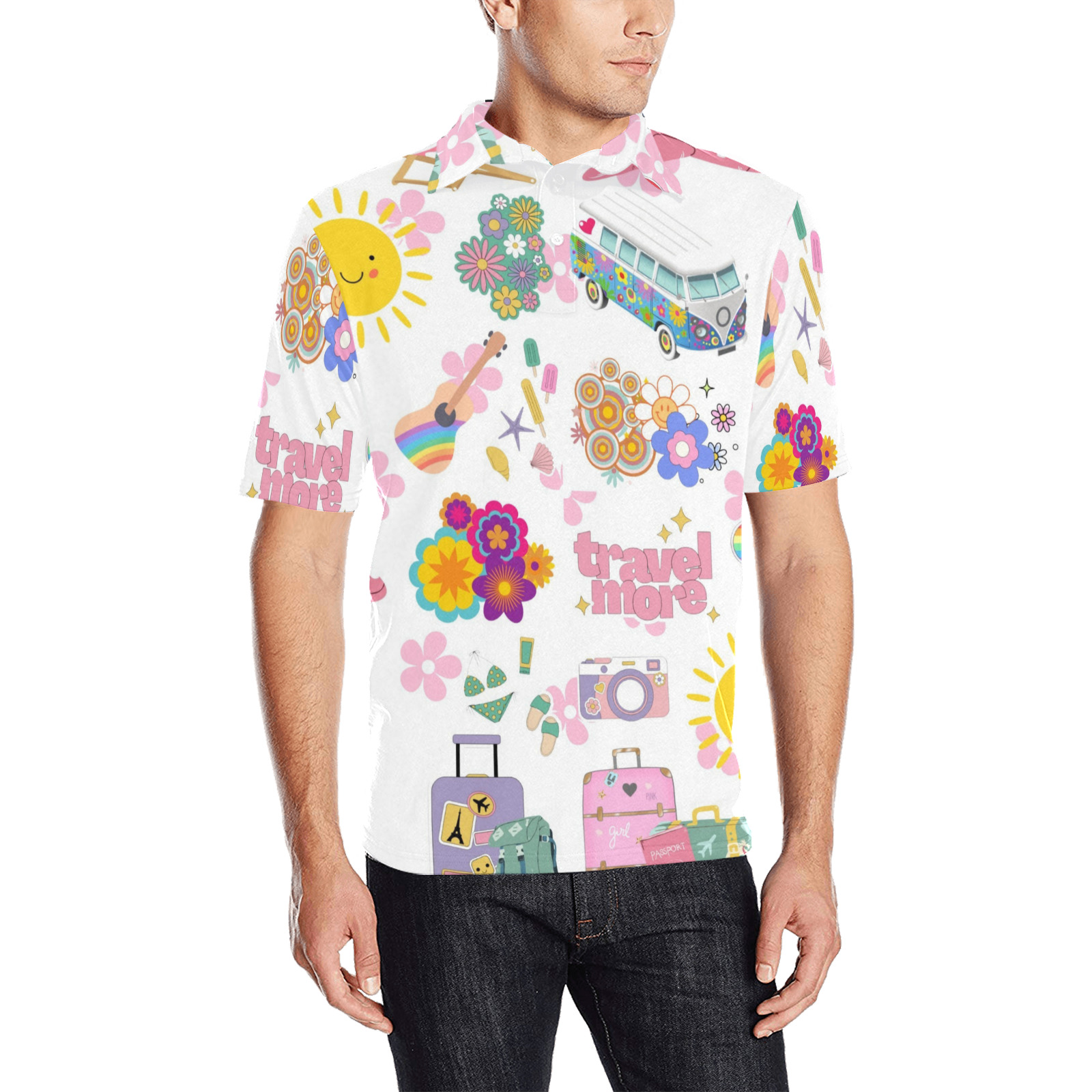 Hippie Summer Holiday Travel Vacation Artwork Design Men's All Over Print Polo Shirt (Model T55)