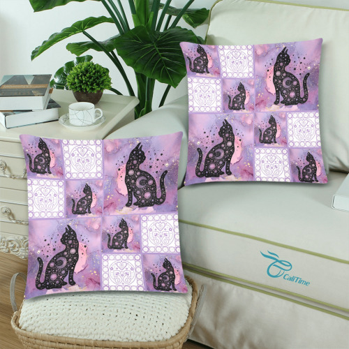 Purple Cosmic Cats Patchwork Pattern Custom Zippered Pillow Cases 18"x 18" (Twin Sides) (Set of 2)