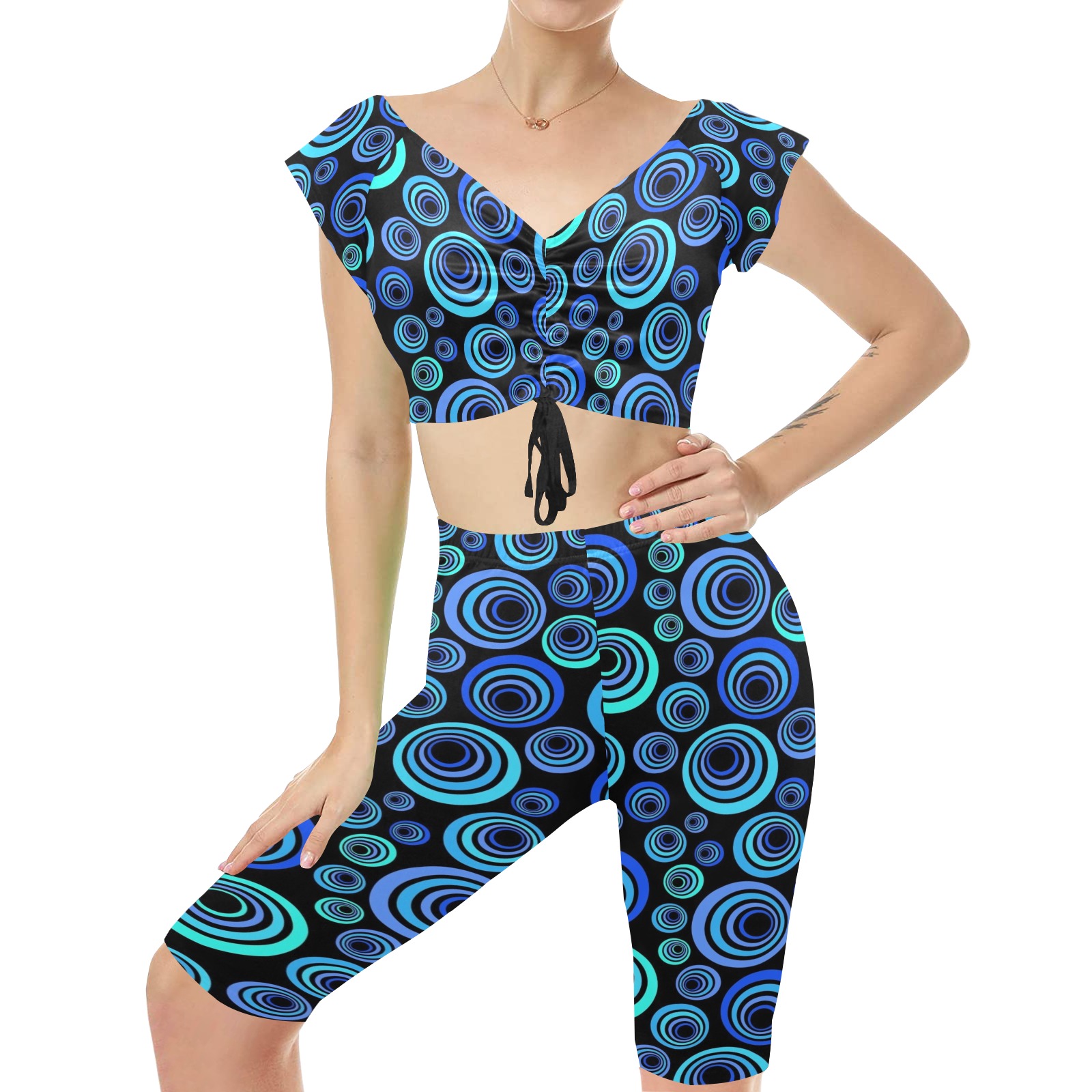Retro Psychedelic Pretty Blue Pattern Women's Crop Top Yoga Set