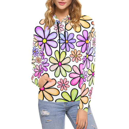 Watercolor Rainbow Doodle Daisy Flower Pattern All Over Print Hoodie for Women (USA Size) (Model H13)