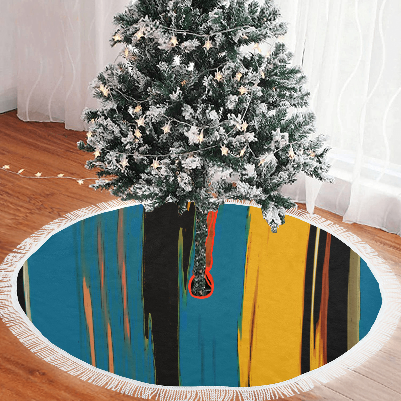 Black Turquoise And Orange Go! Abstract Art Thick Fringe Christmas Tree Skirt 60"x60"