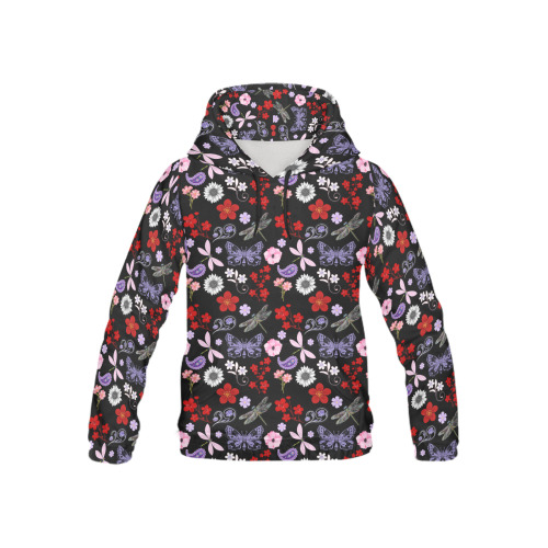 Black, Red, Pink, Purple, Dragonflies, Butterfly and Flowers All Over Print Hoodie for Kid (USA Size) (Model H13)