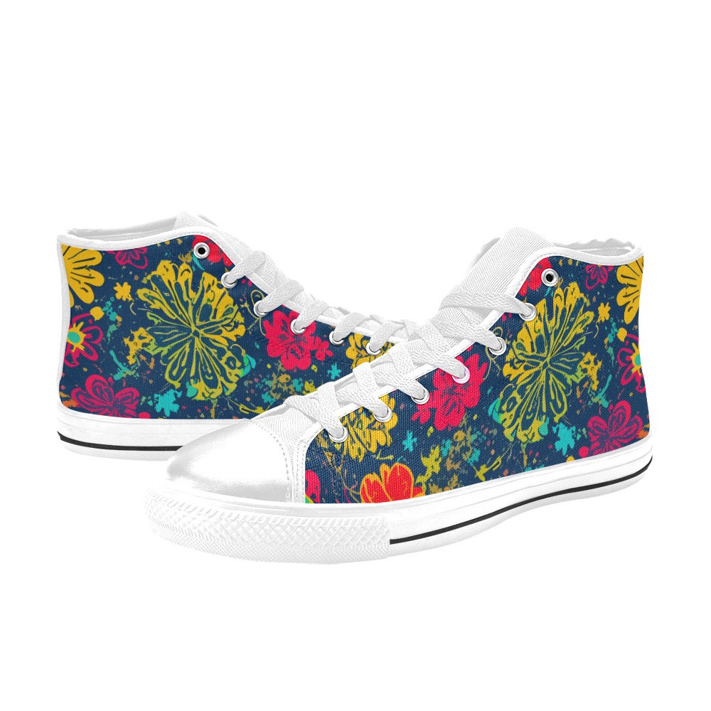 Magic flowers on dark. Yellow, red, blue colors. Women's Classic High Top Canvas Shoes (Model 017)