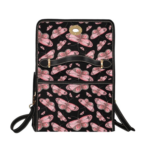 Pink-Butterflies Waterproof Canvas Bag-Black (All Over Print) (Model 1641)