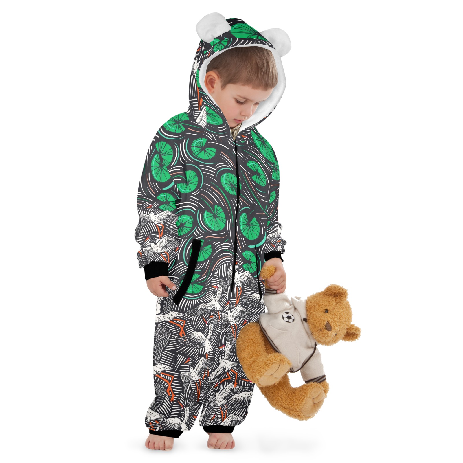 Flying cranes at night One-Piece Zip up Hooded Pajamas for Little Kids